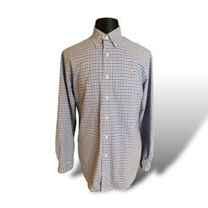 Ralph Lauren Mens Large Blue Oxford Long Sleeve Check Button Down Brown Pony
